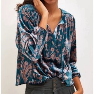 Anthropologie Teal and Pink Velvet Blouse Size Small, Excellent Condition